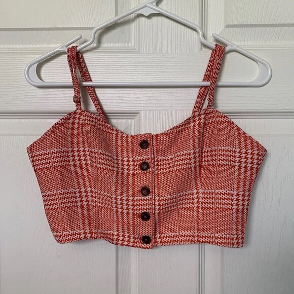 Forever 21 Medium Crop Tank Top Red Orange White Geometric Adjustable Straps - Picture 1 of 8